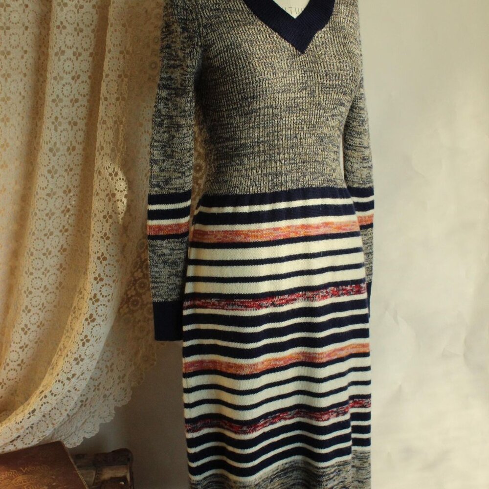 Vintage 1970s Dress, Jon Michael Wool Sweater Dress, Horizontal Striped V Neck - Picture 9 of 13